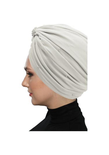 Dizayn Tüllü Kristal Taş İşlemeli Çift Taraflı Astarlı Ekru Hazır Türban Tesettür Abiye Bone Ekru