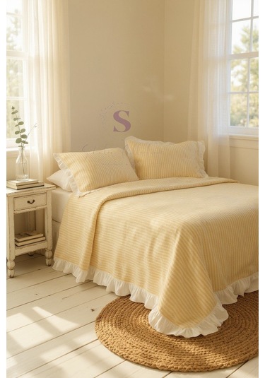 Sarı-bej % 100 Pamuk Fırfır İplik Boyalı Çift Kişilik Nevresim Takımı,modern Çizgili Nevresım Seti Sarı Bej