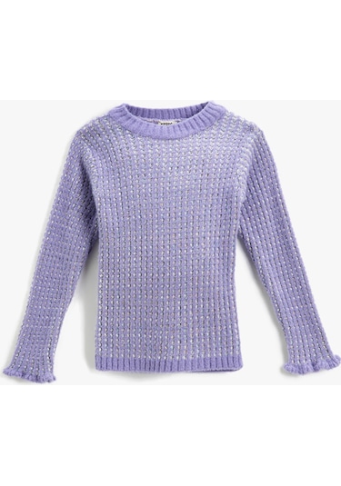 Koton Ribanalı Dokulu Örgü Kazak Yuvarlak Yaka Uzun Kollu Kolları Fırfır Detaylı Lila 3wkg90031ht 3WKG90031HT370 Lila