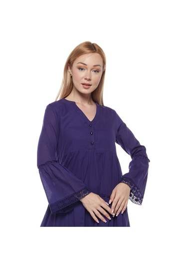 Uzun Kollu Mor Düğmeli Vual Yazlık Uzun Elbise