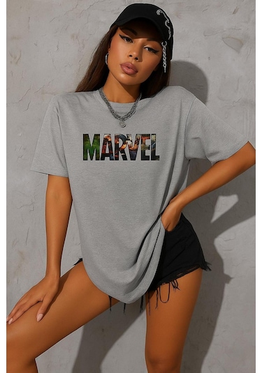 Marvel Baskılı Oversize T-shirt Gri