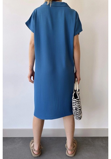 Kadın İndigo Kısa Kol, Polo Yaka, Dokulu Desen, Basic Kalıp/kesim, Aerobin Rahat Midi Elbise Indigo
