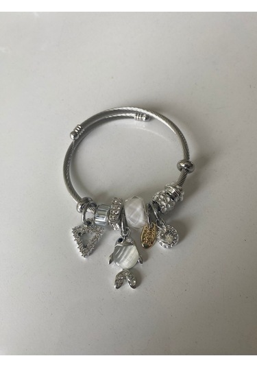 Uzel Çelik Gümüş Silver Model Taşlı, Balık Charmlı Çelik Bileklik Beyaz