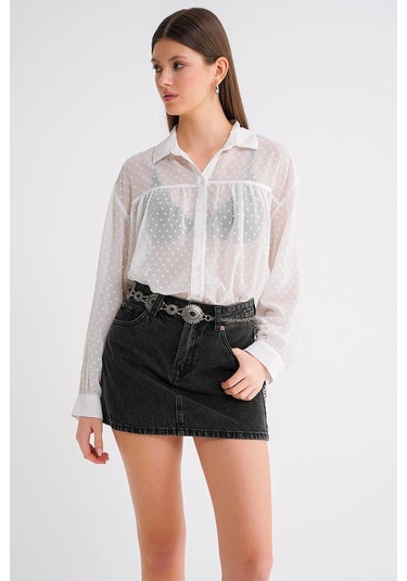 4678 Kadın İnce Desenli Robalı Yazlık Transparan Gömlek Beyaz Beyaz