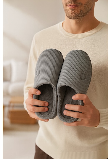 Velvet Erkek Ev Terliği Ses Yapmayan Taban Yünlü Terlik Gri