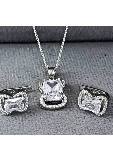 Lilahgümüştr Gümüş Beyaz Taşlı Baget Kadın Kolye Küpe