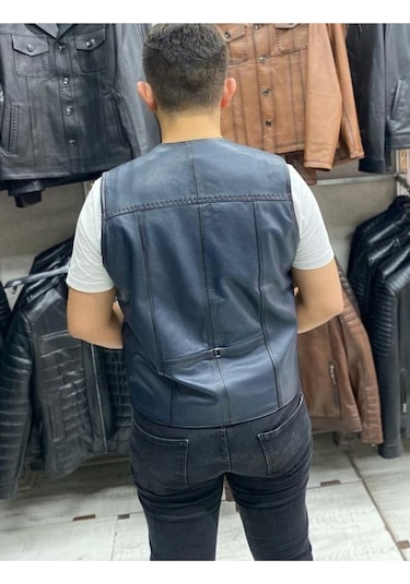 Hakiki Deri Lacivert Renk Yelek Slim Fit Kesim Lacivert