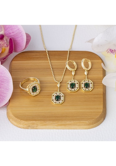 Yeşil Zirkon Taşlı Gold Rengi 925 Ayar Gümüş Kadın 3'lü Set Gold