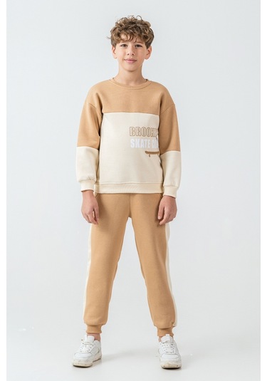 Erkek Çocuk Brooklyn Skat Clup Baskılı 3 İplik Kalın Kışlık Eşofman Takımı Ak4228 Bej