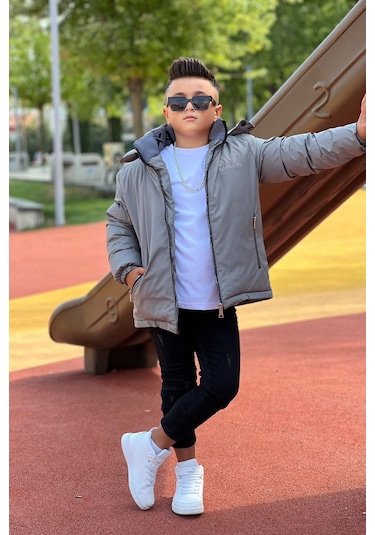 Erkek Çocuk Çıkarılabilir Kapüşonlu Baskılı Yakası Detaylı Kışlık Mont Km3501 Füme