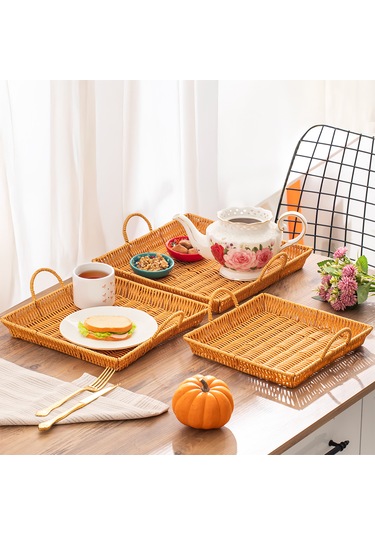 Porsima 709b Kare 3'lü Hasır Tepsi Dekoratif Sunum Servis Tepsisi