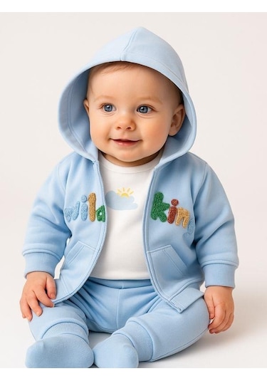 3 Lü Organik Bebek Kapüşonlu Eşofman Takımı-16188 Mavi