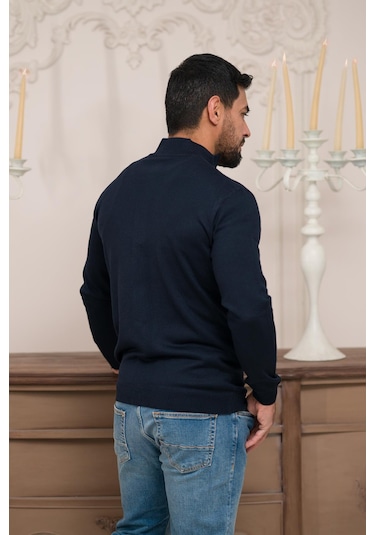 Woolen World Regular Fit Dik Yaka İnce Baharlık Triko Hırka Lacivert