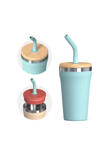 Mini 304 Paslanmaz Çelik Araba Kahve Fincanı Çift İçki Kapağı Sızdırmaz Vakum Kahve Termos Fincanı 0.5 L Mavi