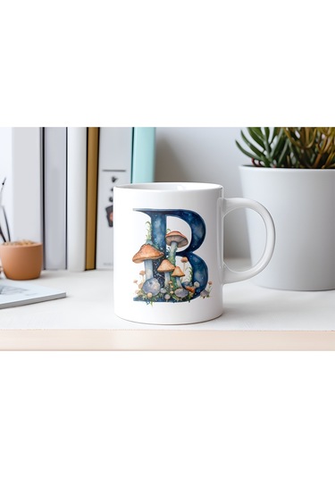 B Baş Harfi Fantastik Mantarlı Kupa Bardak - Kişiye Özel Masalsı Bardak - Hediye Beyaz