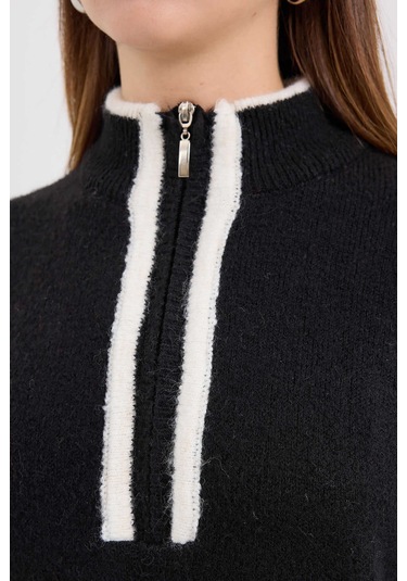 Gabria Fermuarlı Şeritli Kazak Siyah