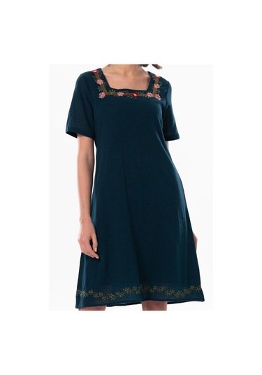 Kısa Kol Şile Bezi Kare Yaka Narin Kısa Yazlık Elbise Petrol Ptrl-petrol