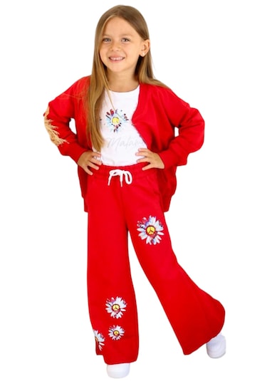 Kız Çocuk Çiçek Desenli Hırkalı Kırmızı Renk Üçlü Takım Kırmızı
