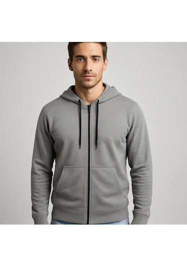 Axxel Erkek Gri 2 İplik Fermuarlı Kapüşonlu Sweatshirt-w1084 Gri