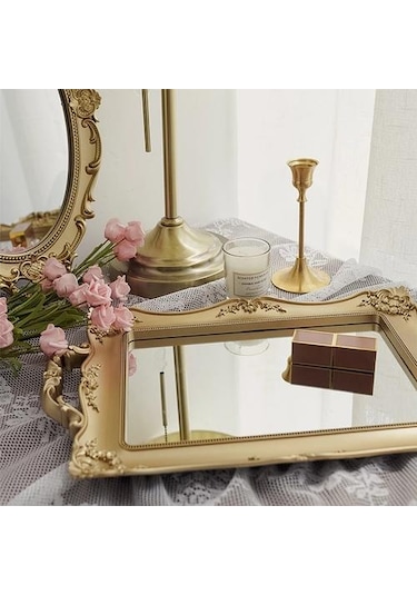 1 Adet Vintage Plastik Dekoratif Cam Ayna Tepsi Meyve Takı Ekran Depolama Plakası Ev Masaüstü Süsler Depolama Tepsileri Ahşap - Kırmızı