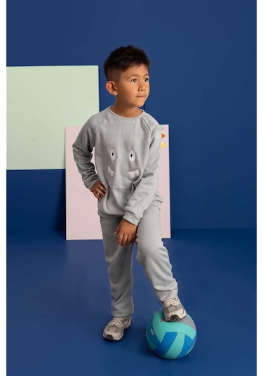 Luess Dinazor Nakışlı Pamuklu Erkek Çocuk Alt Üst Takım - Gri