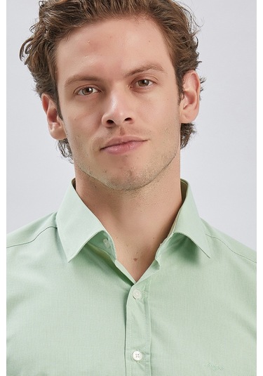 Erkek Uzun Kollu Bez Ayağı Sert Yaka Cepsiz Klasik Slim Fit Dar Kesim Gömlek 1004240230-açık Yeşil