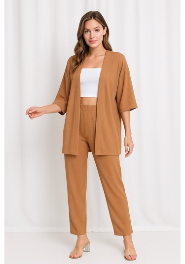 Bürümcük Kumaş Kimono Hırka Alt-üst Takım M-6xl Camel