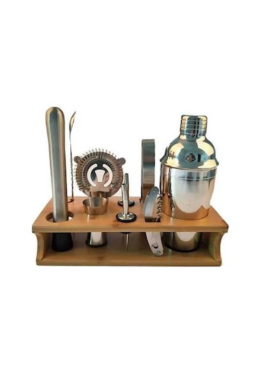 Pazly 10 Adet Paslanmaz Çelik Kokteyl Şarap Şekerleme Çalkalayıcı Bambu Base Seti 750ml