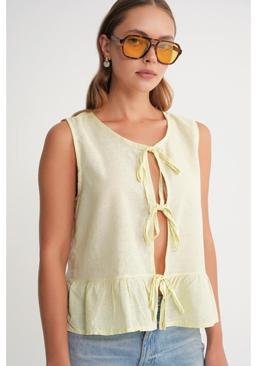 4717 Kadın Önü Bağcıklı Fırfırlı Kolsuz Keten Bluz Sarı Sari