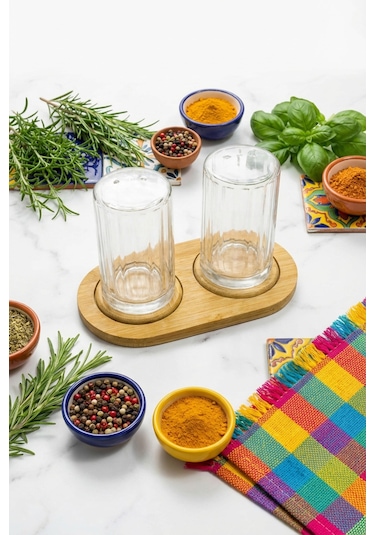 Makri Home Bambu Standlı Tuzluk & Baharatlık Seti 2 Li Şeffaf