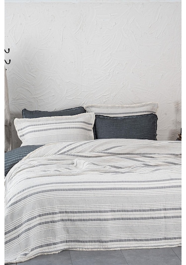 Ecocotton Hivda Gri %100 Organik Pamuk Müslin Dolgulu Çift Kişilik Yatak Örüsü Gri