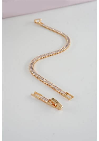 Kadın 316 L Çelik Vip Seri Antialerjik Baget Zirkon Taşlı Su Yolu Bileklik Ölçüleri 17cm + 3 Cm Uzatma 5 Mm Taş Boyutu-5214 Altın