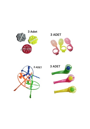 Nostalji Eğitici Oyuncaklar - 3'er Adet Ufo Daire, Üflemeli Top, İpli Fırfır, Su Yüzüğü Nostalj