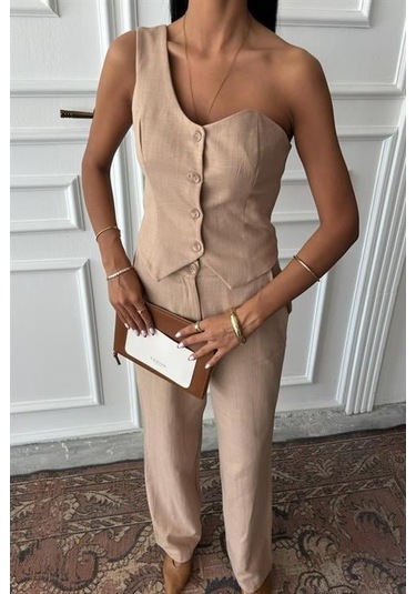 Tek Omuz Büstiyer Plazzo Pantolon Viscon Takım 10159 Bej