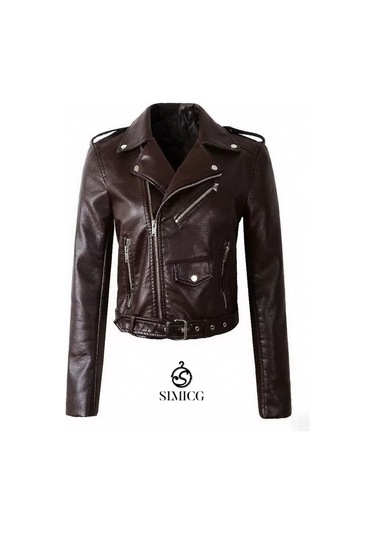 Kadınlar İçin Eğik Fermuarlı Günlük Kısa Deri Ceket Kahverengi
