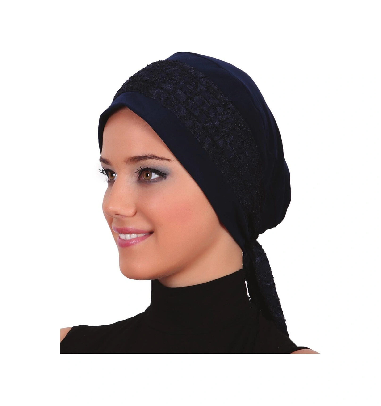 Dantel Bandana Lacivert Hazır Türban Tesettür Bone Lacivert