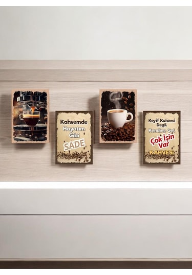 Kahve Tarasımlı Mdf Tablo Dekoratif Hediyelik 4 Parça 14x20 Cm