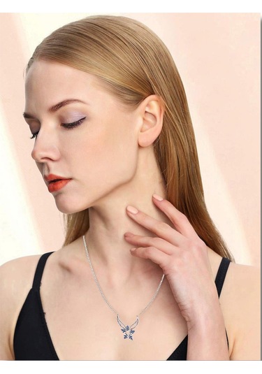 Brezza Lusso Jewelry Pırlanta Safir Taşlı Melek Kanadı Kar Tanesi Kadın Gümüş Kolye 45 CM