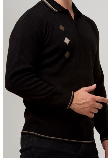 Kamalı Erkek Çelik Örgü Intarsia Gofra Desen Fermuarlı Polo Yaka Tüylenmez Premium Triko Kışlık Baba Kazak Siyah