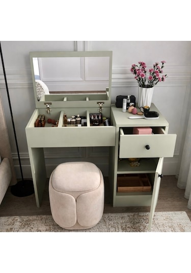 Liva Aynalı Makyaj Masası Çekmeceli Ve Dolaplı - Soft Yeşil