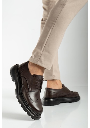 Hakiki Deri Erkek Klasik Ayakkabı Kahve Kalın Taban Bağlı-3919