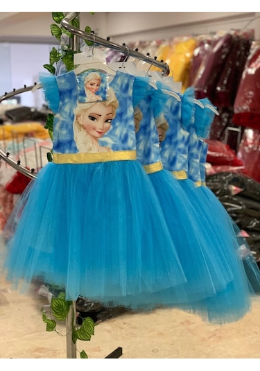 Maske Hediyeli Tül Detay Elsa Elbise Mavi