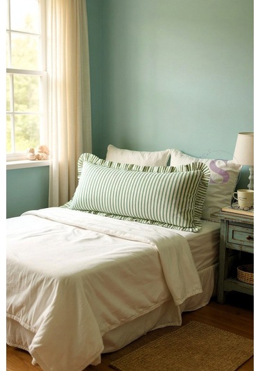 Fırfırlı Vintage Buldan Yeşil Çizgili Iskandinav Uzun 40x100 Kırlent Yastık İçi Dolgulu Yeşil - Bej