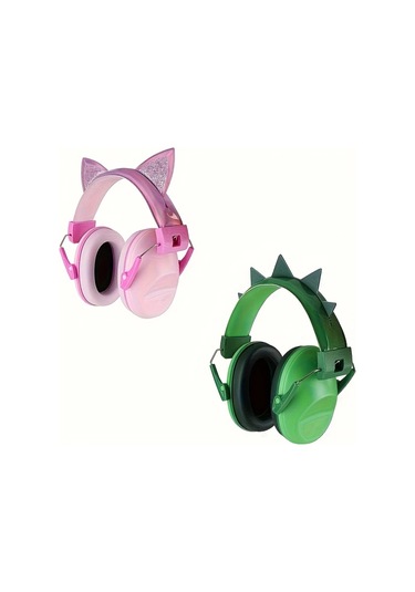 Elmpaly Yeşil Pembe 28db Kulaklık 3-16 Yaş Konser Gürültü Koruma Oyuncak Dinozor Kedi Desenli