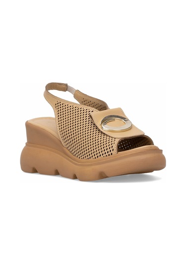 Elit Zeyn 8067 Kadın Hakiki Deri Dolgu Topuk Sandalet Camel Camel