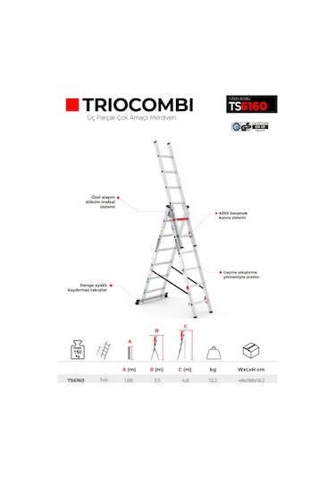 Çağsan TS6160 3x6 Basamaklı Triocombi Üç Parçalı Çok Amaçlı Merdiven