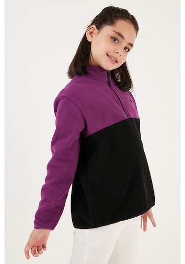 Lela Yumuşak Dokulu Yarım Fermuarlı Renk Bloklu Dik Yaka Unisex Çocuk Polar 5905004 Mor-Siyah
