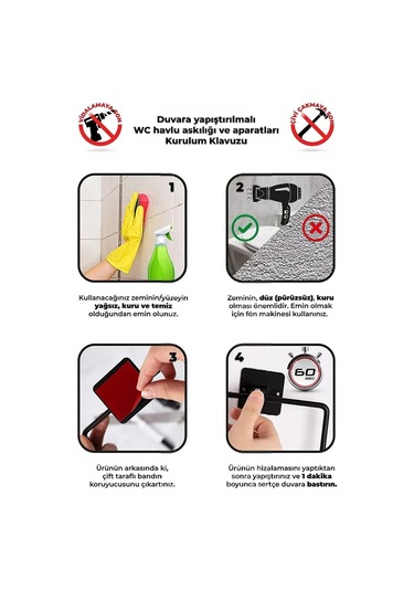 Atacı Yapışkanlı 4lü Siyah Uzun Havluluk Sabunluk Wc Tuvalet Kağıtlık Yuvarlak Havluluk Banyo Seti Siyah