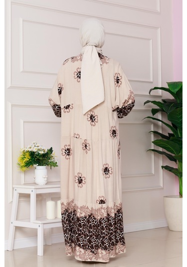 Leopar Desenli Robalı Viscon Elbise-bej-4801 Bej