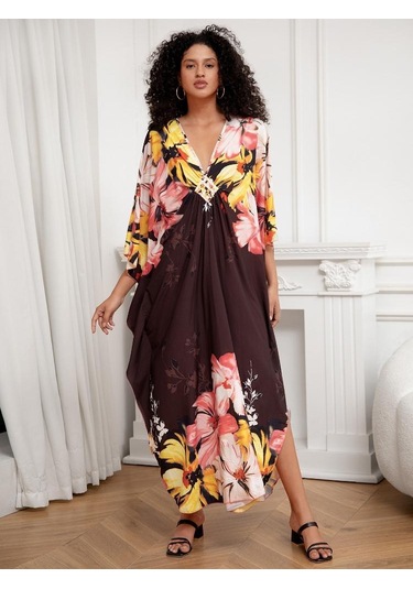 Edolynsa Şık Bohem Kadın Kaftan Kaftan Büyük Beden Ev Elbisesi Yarasa Kol Ev Giyim Mayo Örtüsü Ev Giyim Q1289 Çok Renkli